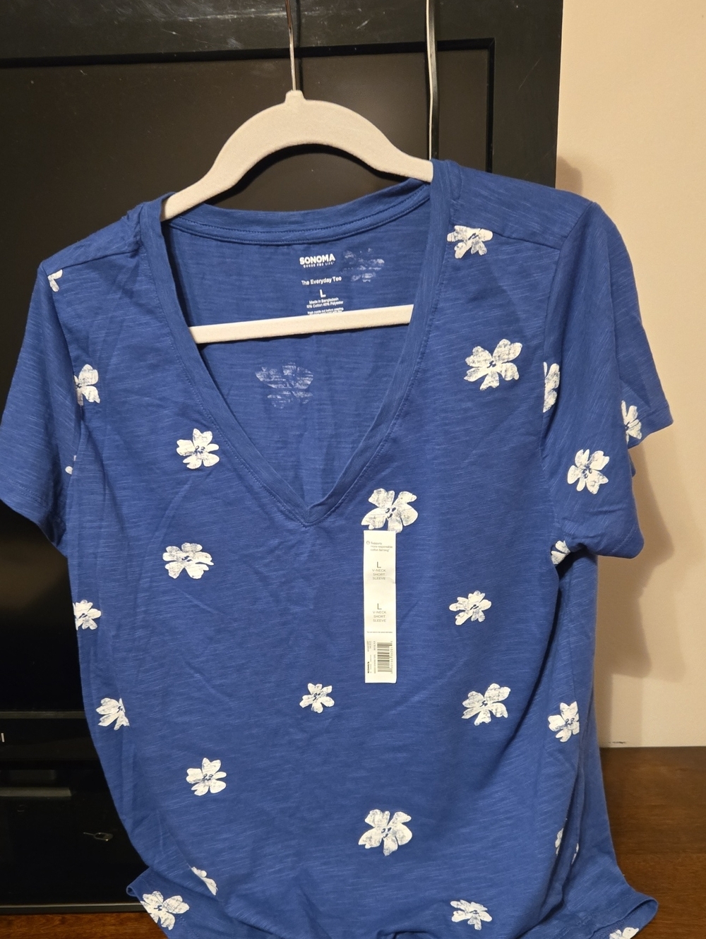 Sonoma Blue V-Neck Tee with White Floral Accents